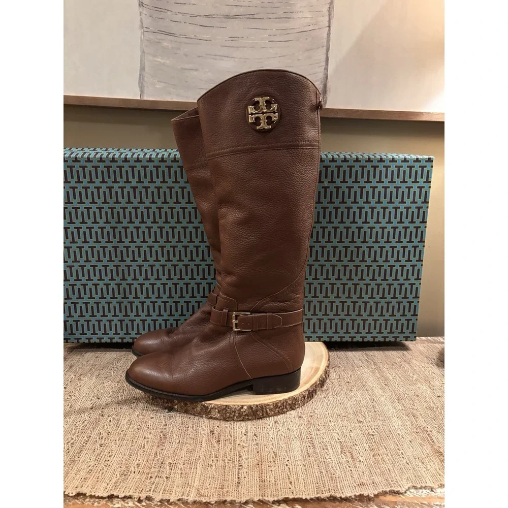 Tory Burch Adeline Almond Leather Gold Logo Buckle Knee High Riding Boots Sz-9.5